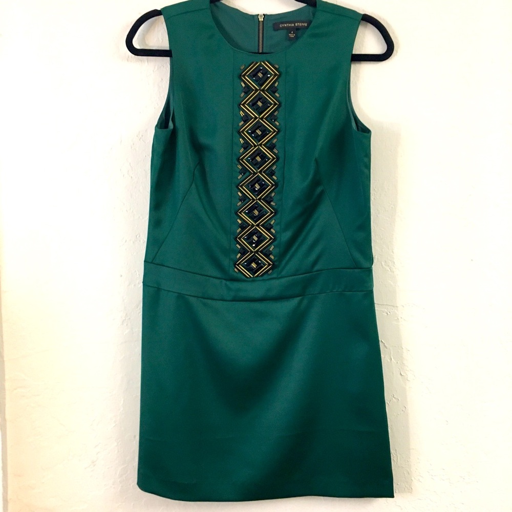 Cynthia Steffee Sleeveless Satin Jeweled Dress 4 Green Artdeco 20’s Style